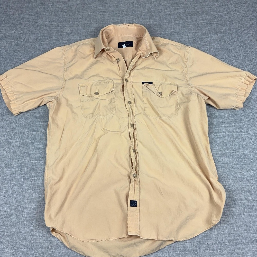Vintage Valentino Jeans Shirt Mens 2XL Beige Short Sleeve Button Up Italy Made